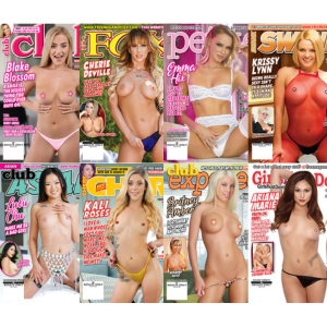 October 2025 adult magazine covers: Fox 283, Swank 273, Girls Next Door 268, Club Asian 279, Club Exposed 428, Club 358, Cheri 358, and Petite 359.