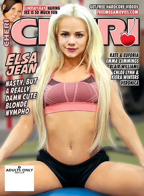 Cheri 368 adult magazine cover with Elsa Jean, a blonde teen babe spreading her legs while wearing a pink sports bra and tiny black shorts.