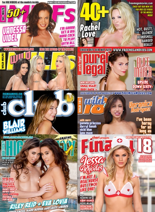 August 2026 adult magazine covers: 40+ #50, 50+ MILFs #79, Purely Legal 72, Wild 18+ #77, Wild MILFs 69, Club 369, Finally 18 #369, and High Society 370. Featuring cover models Eva Lovia with Riley Reid, Jessa Rhodes, Blair Williams, Veronica Rodriguez, Alice March, Rachel Love, Vanessa Videl, and Jessica Jaymes with Emma Starr and Nikki Benz.